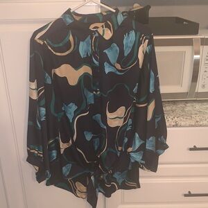 Chico's Navy Abstract Floral Print Boho Tie Front Blouse Shirt SZ 2/US 12